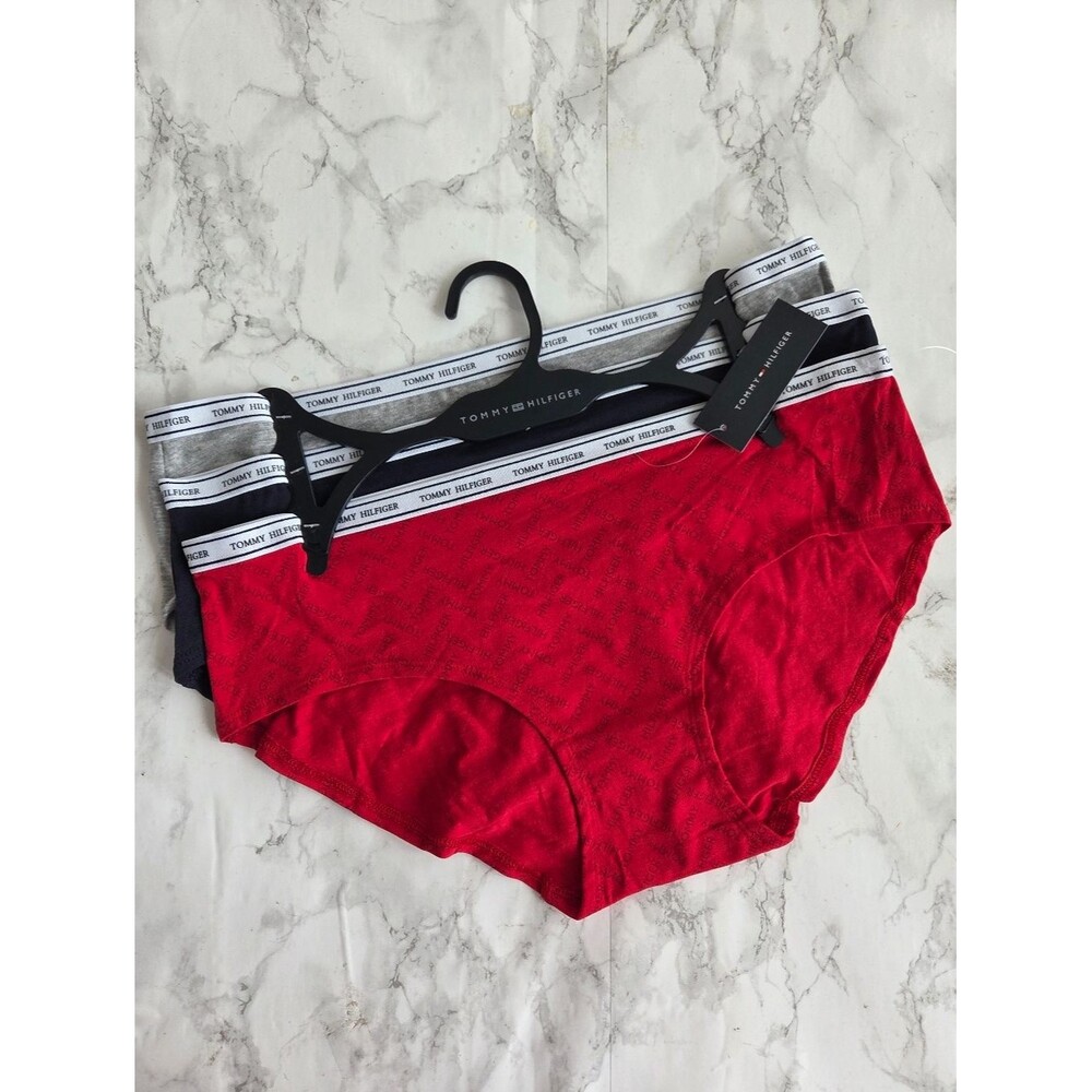Tommy Hilfiger 3-Pack Hipster Panties | Size L | Red Blue Grey